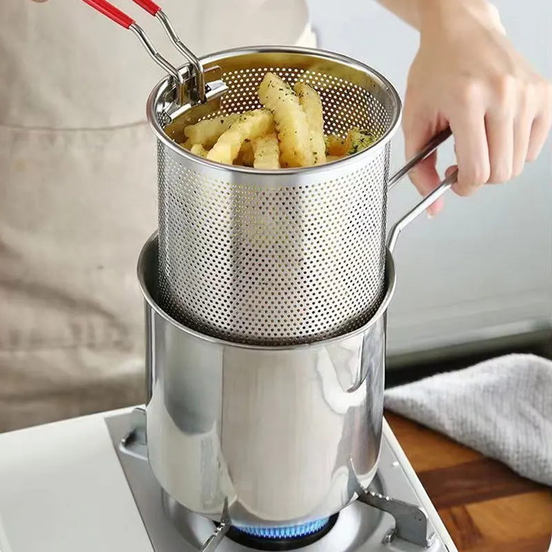 Pentola per friggere in acciaio inox, friggitrice per patatine fritte tempura con colino, padelle per friggere il pollo, utensile da cucina_voghion.com
