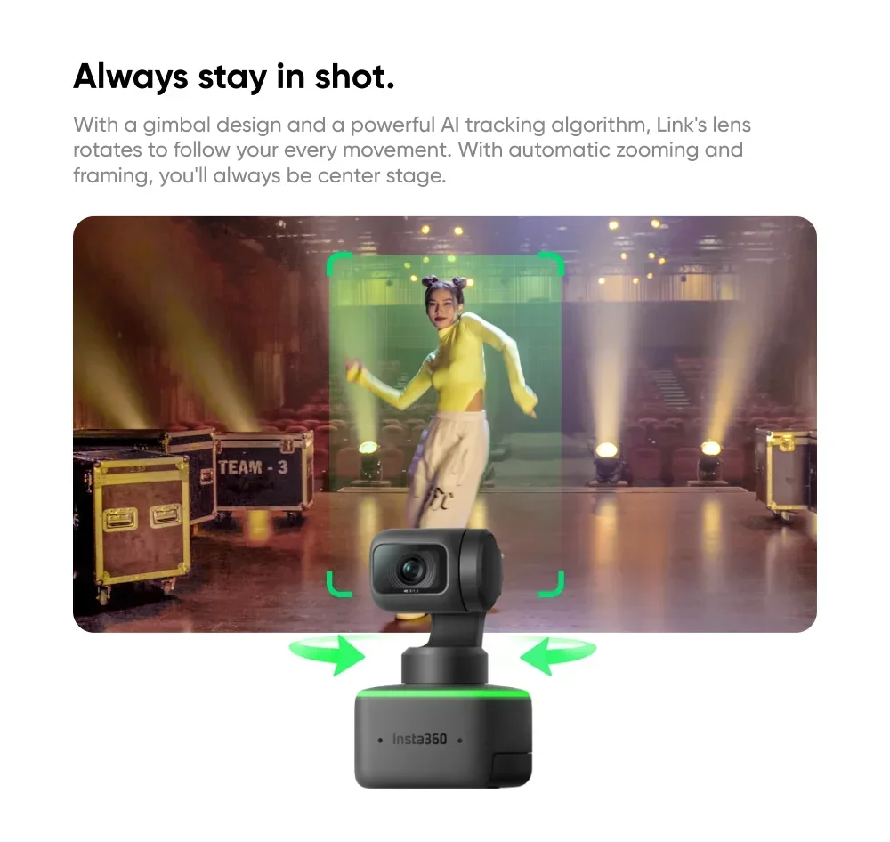 Insta360 Link 4K Action Camera with AI Tracking Gesture Control Webcam 1/2 Inch Sensor Noise-Canceling Microphones for Vloggers 4