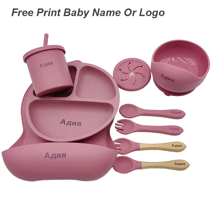 Silicone Cutlery Set Silicone Bowl Silicone Dinner Plate Baby Feeding Spoon Drinking Cup 11Pcs Silicone Feeding Sets For Baby Personalized Name Children's Tableware Suction Cup Plates Bowl Spoon Feeding Cups BPA Free