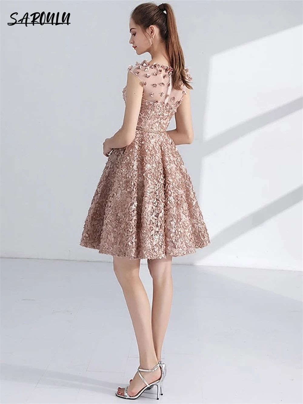 Bohemian 3D Flower Mini vestido Homecoming, vestido sem mangas A-Line, vestido romântico para coquetel