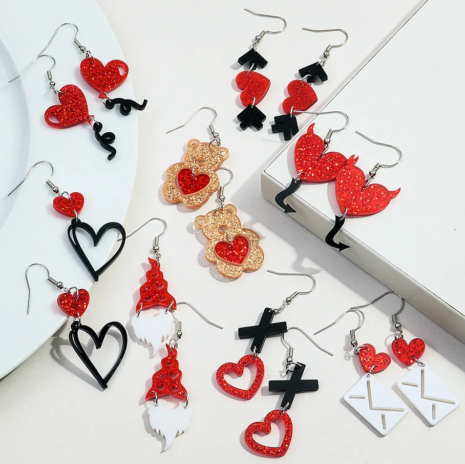 Heart Bear Pendant Earring Valentine's Day Glitter Heart Bear Pendant Earring for Women Girls Acrylic Red Hollow Hat Love Letter Drop Earrings Jewelry Gift
