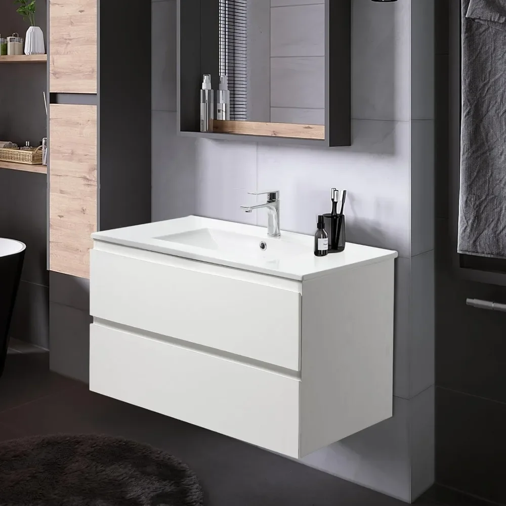 Bathroom Vanity Wall Mounted Floating Vanity Two Drawers Storage Cabinet with White Ceramic Integrated Sink 2