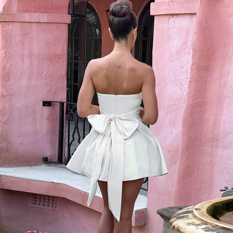 Tee Bow Bandeau Pleated Mini Dress For Women Fashion Sleeveless Patchwork Bandage Party Dress Female Lace-Up Y2k Dress New