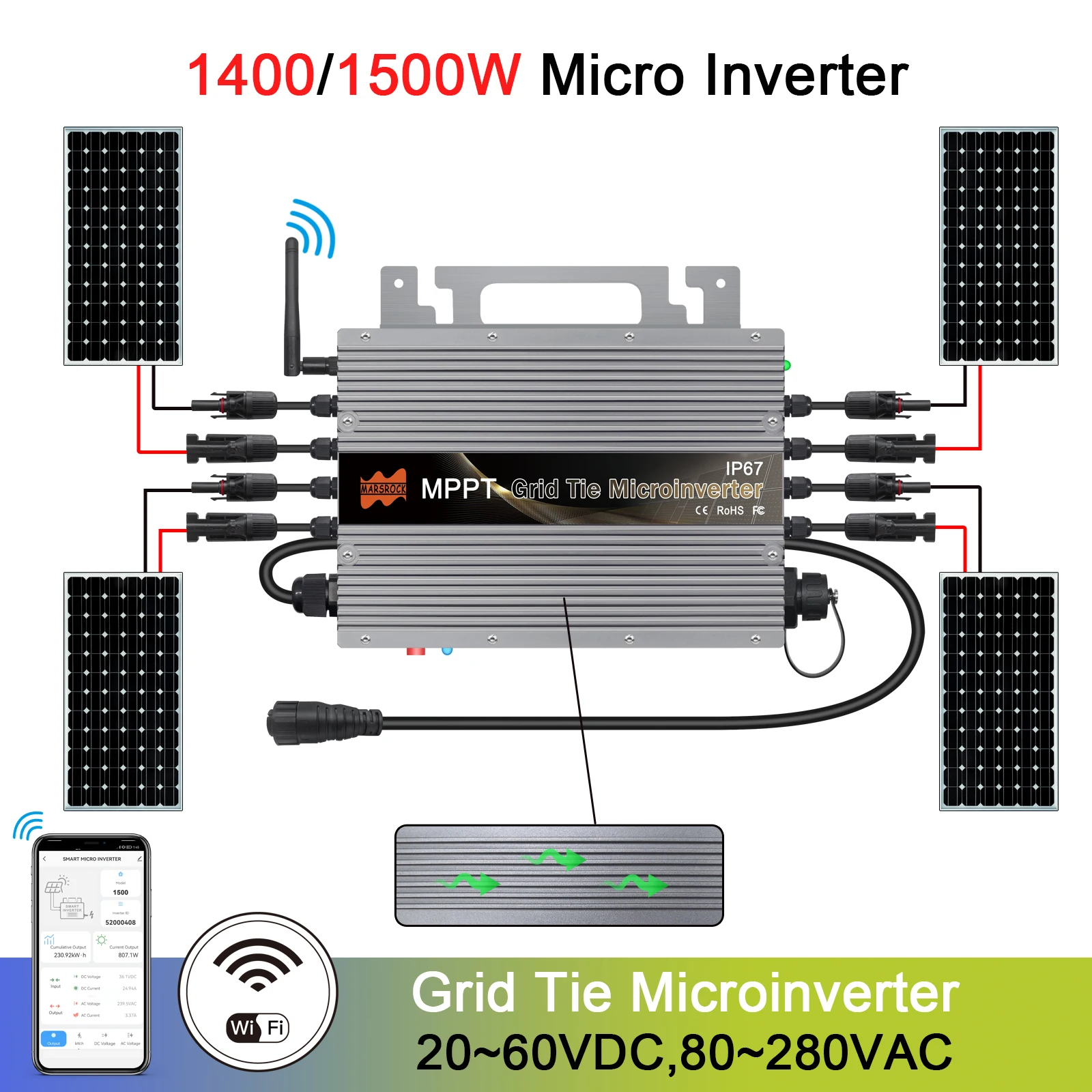 1500W Solar Grid Tie Inverter Mppt Micro Inverter A Onda Sinusoidale Pura Dc Ac 24V 48V 120V 220V Convertitore Microinverter Elettrodomestico