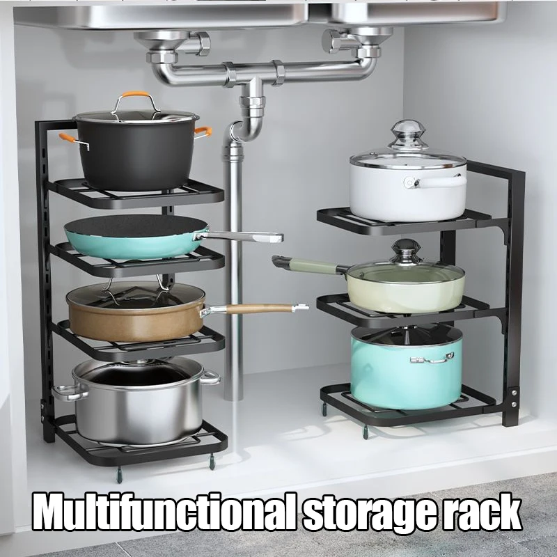 Kitchen Shelf Organizer Multi-Layer Pot Storage Rack Household Cabinet Pot Storage Holder Adjustable Cabinet Under Sink Pan Rack