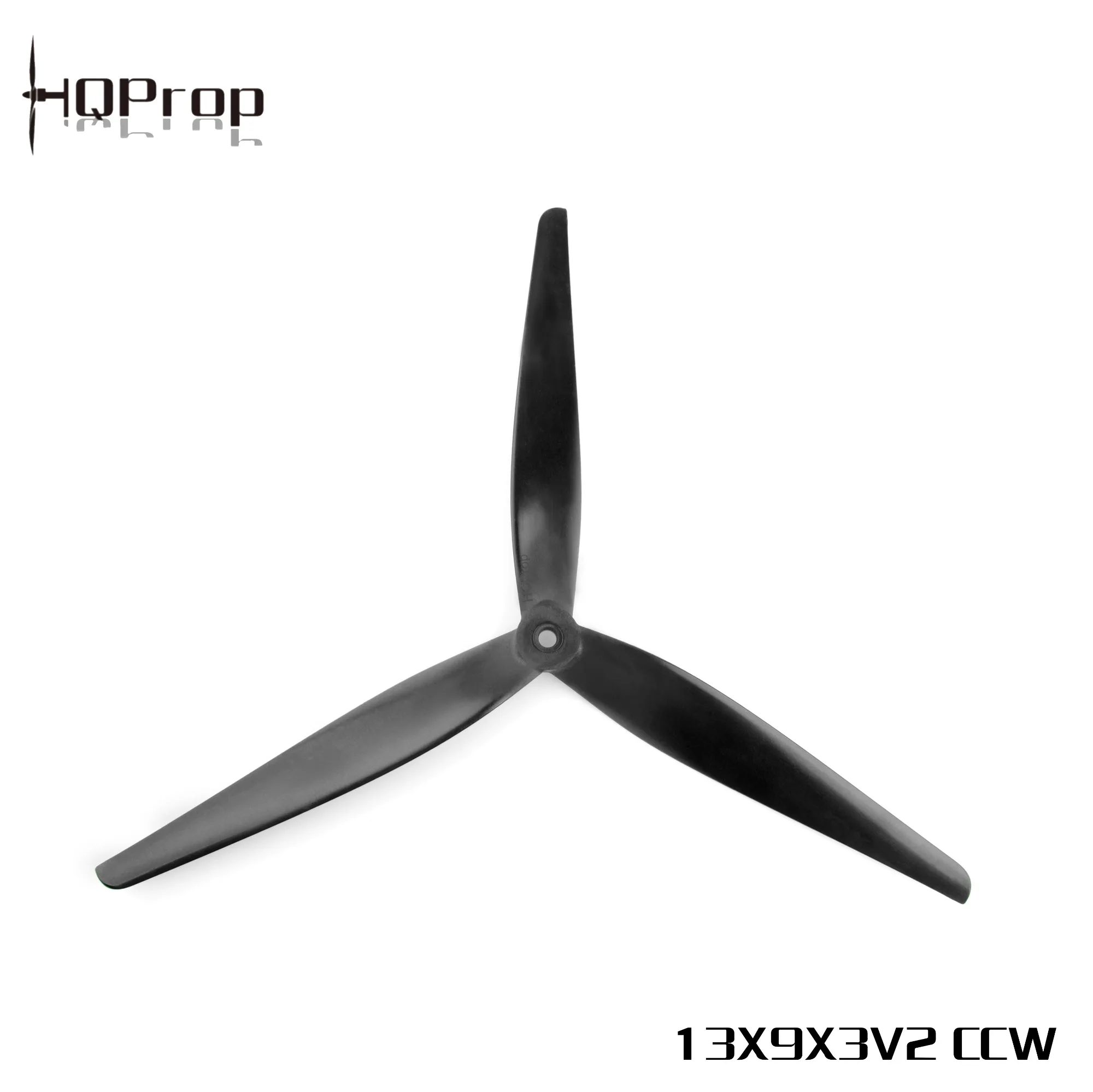 Détail de l'hélice professionnelle 13 pouces 3 pales HQProp, montrant le design aérodynamique et la finition soignée.