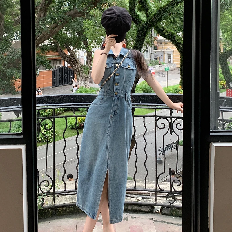 korean clothes denim dress Summer Doll Collar Denim Denim pinafore dress