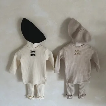 Winter New Baby Girl Long Sleeve Warm Set Toddler Bow Bottoming Shirt + Ribbed Leggings 2pcs Suit Infant Plus Velvet Outfits