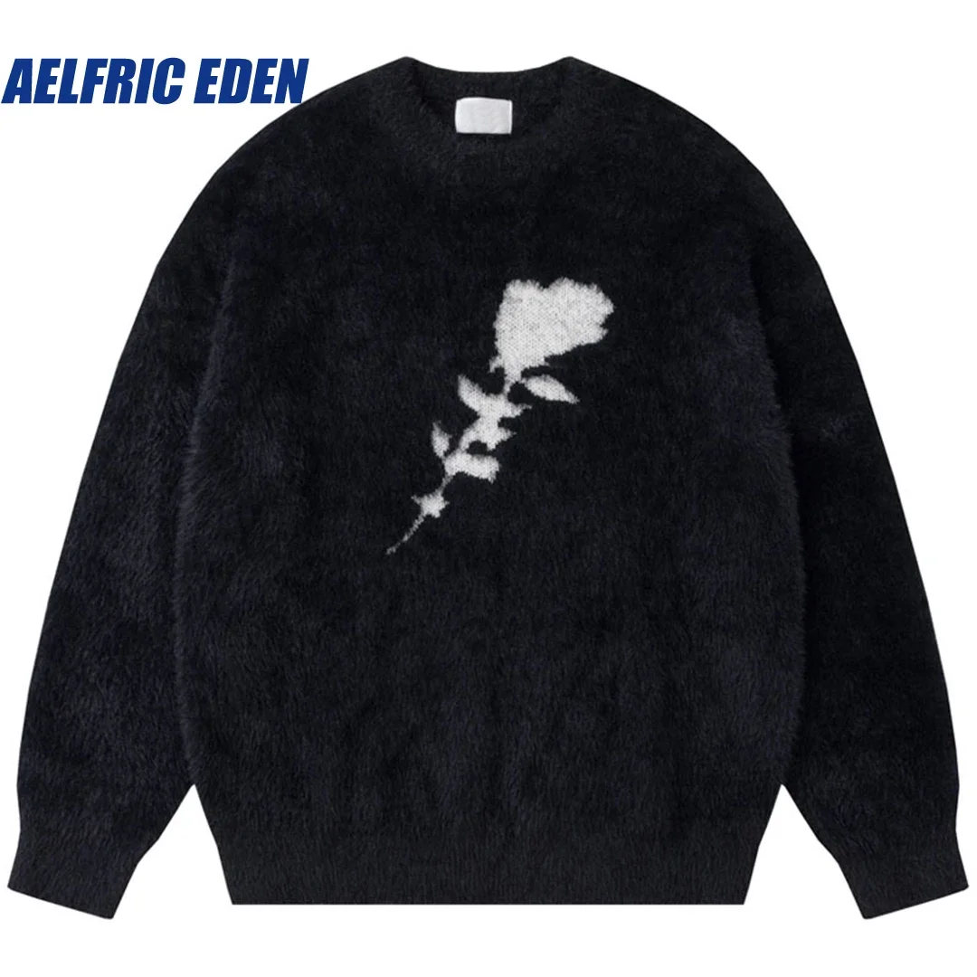 

Aelfric Eden Rose Black Sweater Y2K Hip Hop Harajuku Knitted Fluffy Fuzzy Mohair Pullover Jumper Streetwear Men Knitwear Sweater