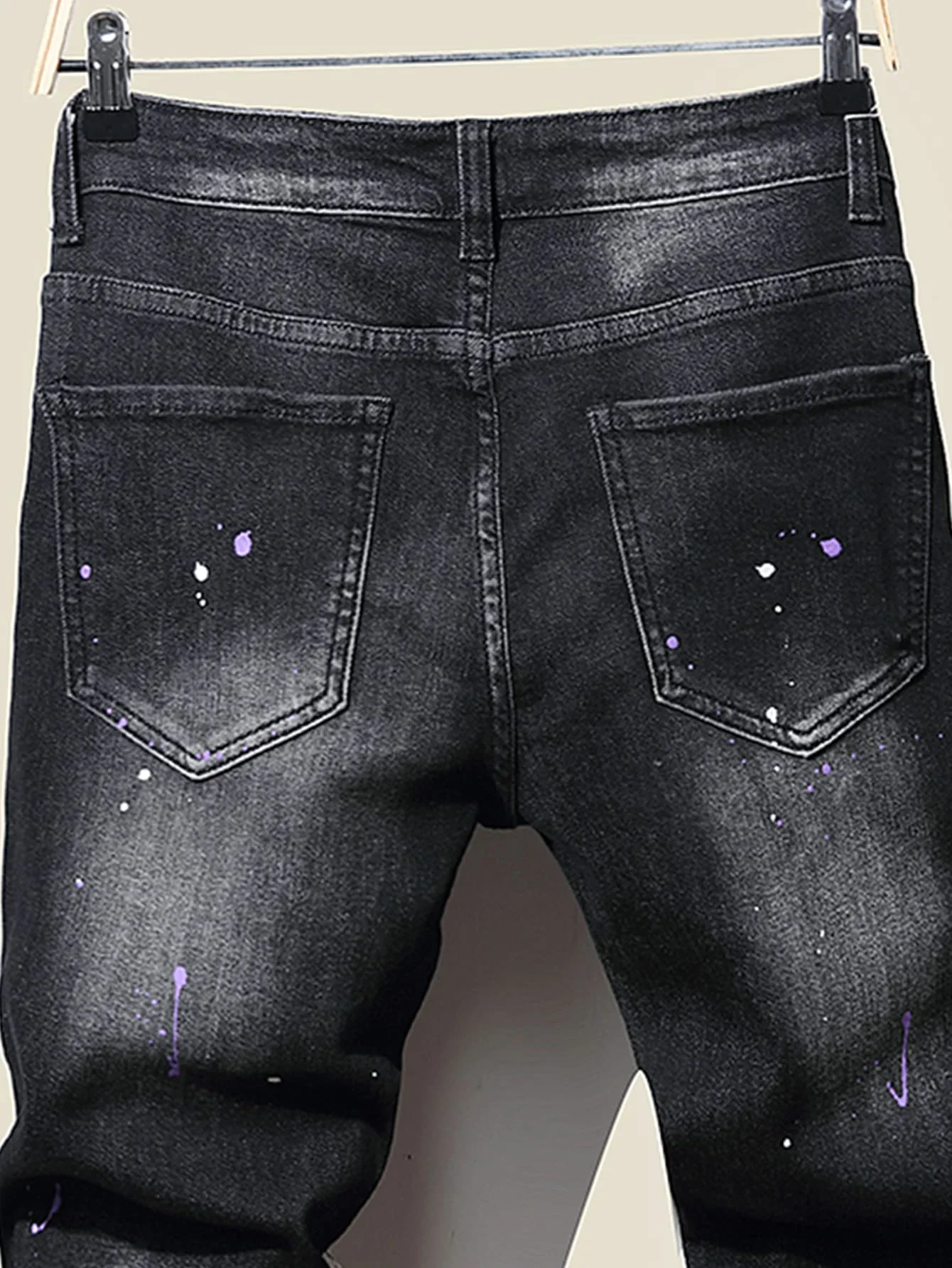 New Men's Slim Jeans With Ripped Tassel Holes And elastic Paint Spray Black Stitching Beggar Pants men designer jeans for men