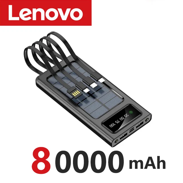 Lenovo 200000mAh Solar Power Bank Built Cables Solar Charger 2 USB Ports External with LED Light Super Fast Charger Power Bank 10
