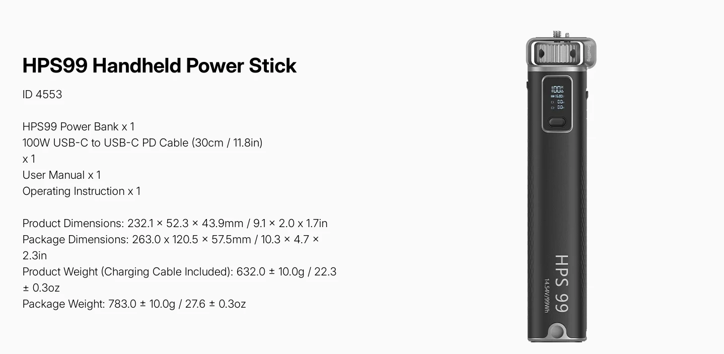 99Wh HPS99 Handheld Power Stick 100W Output 14.54V for COB Light 2 USB-C 1 D-Tap