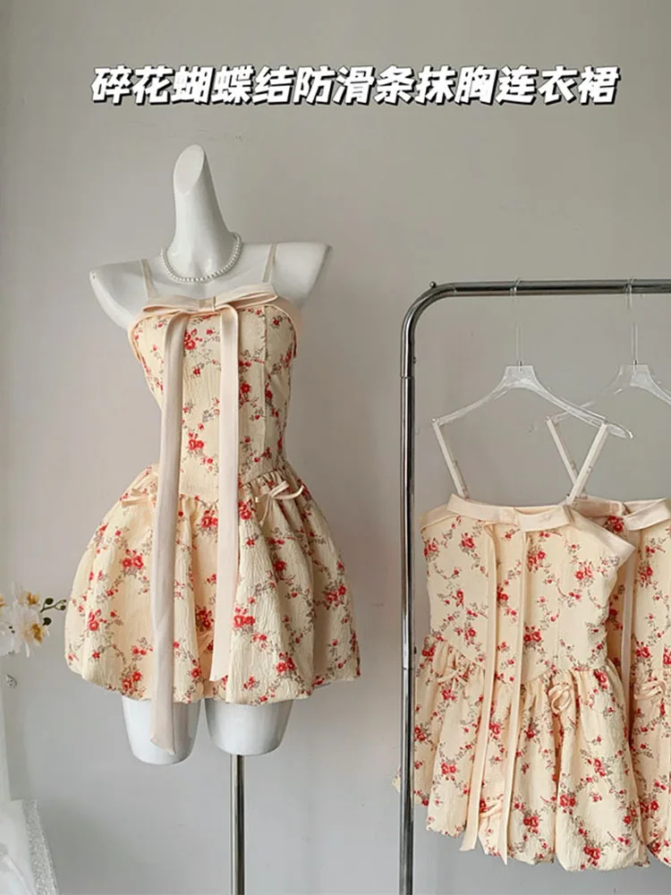 

French Elegance Apricot Sweet Print Spaghetti Strap Dress Women Romantic Bow Ball Gown Summer 2024 Fashion Sexy One-Piece Frocks