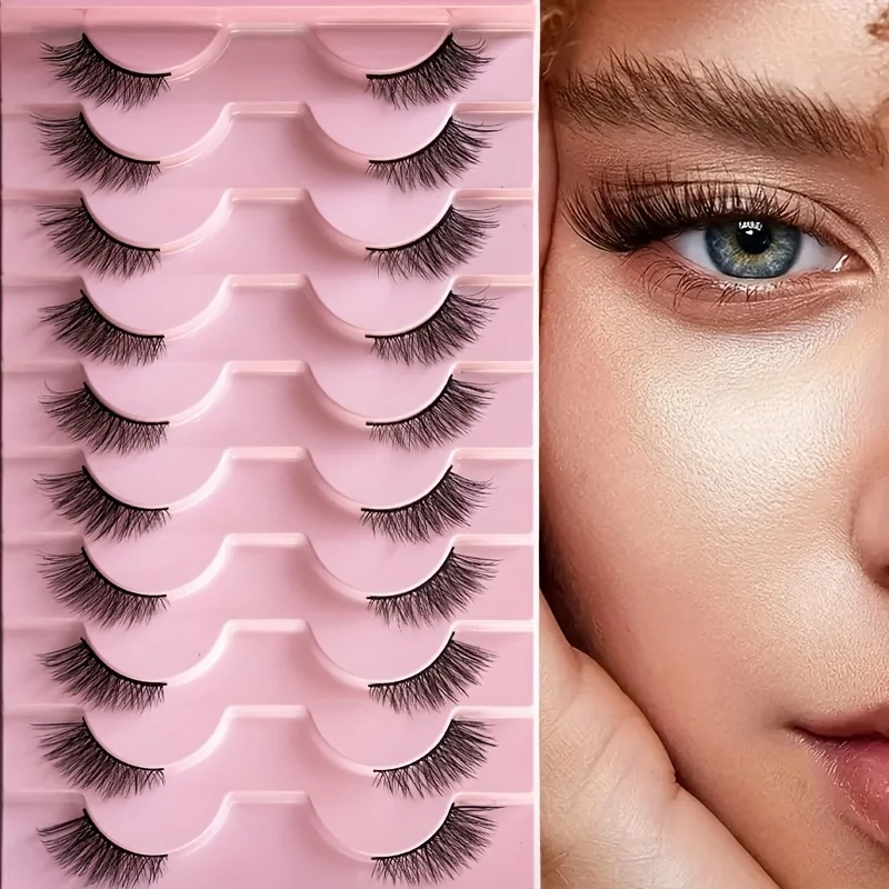 Halbe Wimpern, natürliches Aussehen, 10 Paar dicke Katzenwimpern, 10 mm, Wispy-Wimpern mit kurzen falschen Wimpern, Maske auftragen
