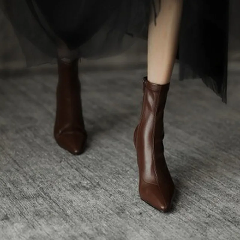 

High Heels Dress Shoes Pointed Toe Bare Boots Black Booties Thin Heeled Fashion Ankle Boots Retro Ladies Shoes