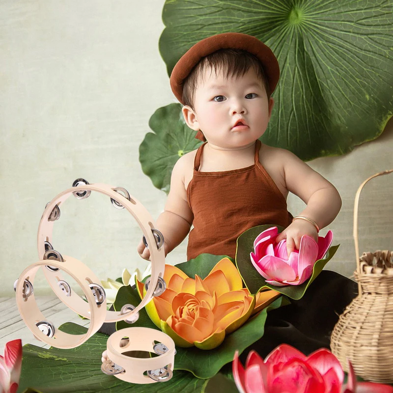 4/6/7/8/10Inch Hand Drums Toys Education Orff Musical Instrument Tambourine Hand Cranked Bell Single Row Wooden Tambourine Rings