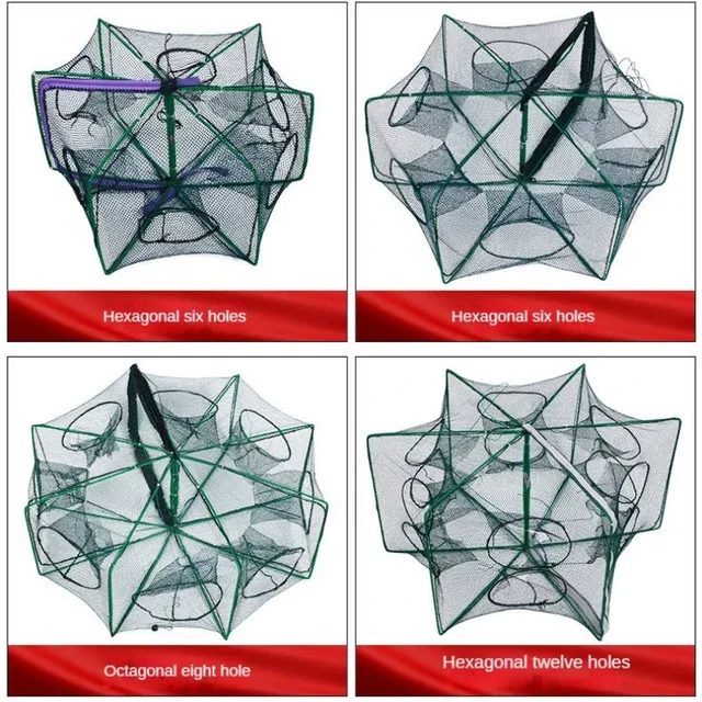 8 Hole Folded Fishing Net Mesh Hexagon Octagon Hand Fishing Net Casting Nets Crayfish Shrimp Catcher Tank Trap Cage Mesh Tool 2