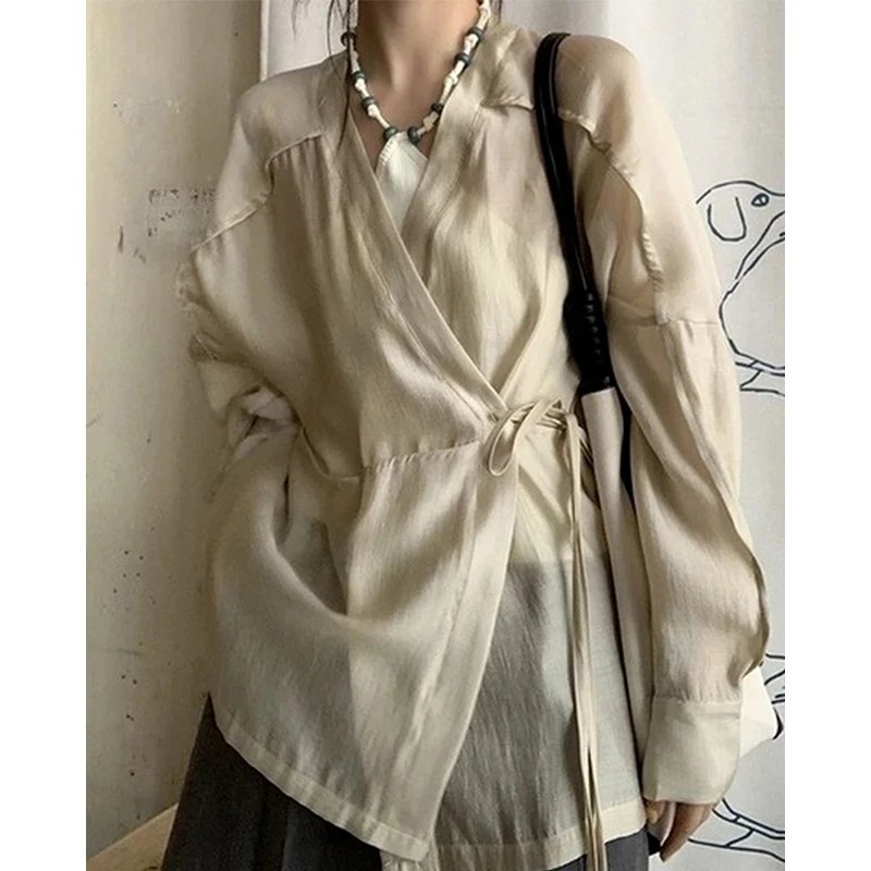 MEXZT 여성용 빈티지 블라우스, 하라주쿠 일본 기모노 밴디지 셔츠, 긴 소매 자외선 차단, 오버사이즈 비대칭 캐주얼 상의, 신상