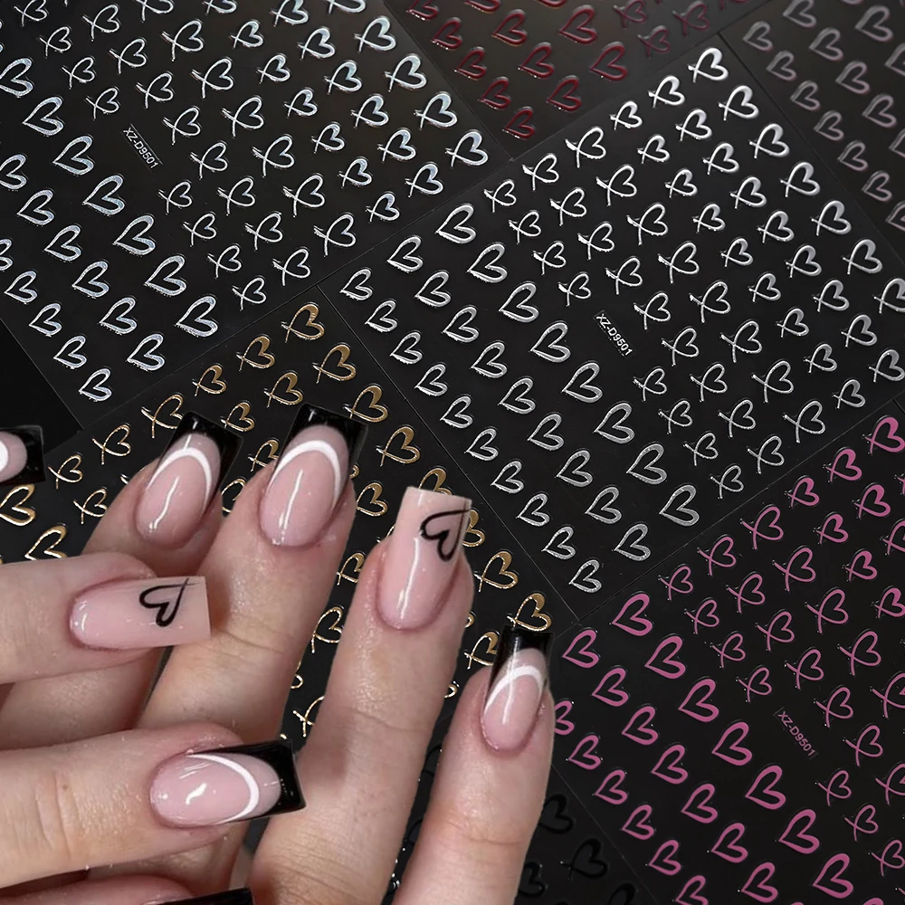 8Pcs Hollow Heart Love Nail Art Stickers Black White Pink
