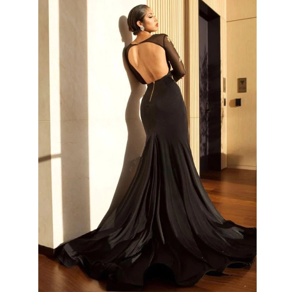 Sexy Women Mermaid Black Evening Dresses Long Sleeve Gold Lace Applique Prom Gowns Side Split Robe Cocktail Party Fashion Celebr