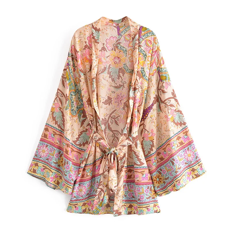 Happie Queens 빈티지 공작 꽃 프린트 새시 보헤미안 기모노 여성 V 넥 배트 윙 슬리브 짧은 가운 Boho 비키니 커버 업