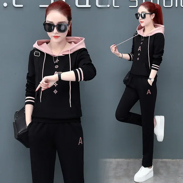 خريف جديد أزياء المرأة مقنعين البلوز طويلة الأكمام عارضة الرياضة فضفاضة تناسب 2 قطعة مجموعة الأسود