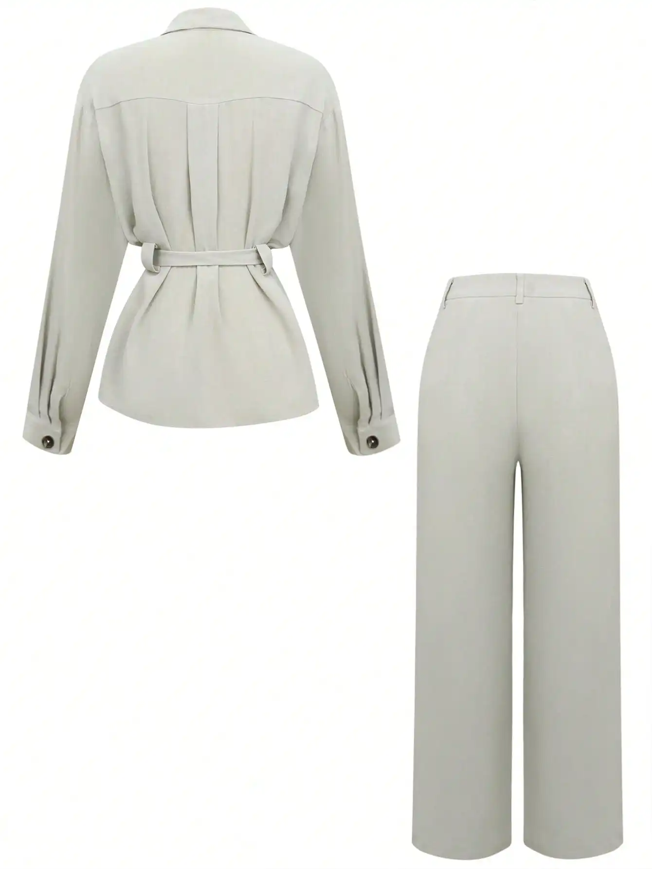 Women's Casual Fashion Retro Long-Sleeved Single-Breasted Elegant Tie-Waist Top and Wide-Leg Pants Work and Party Set - 2