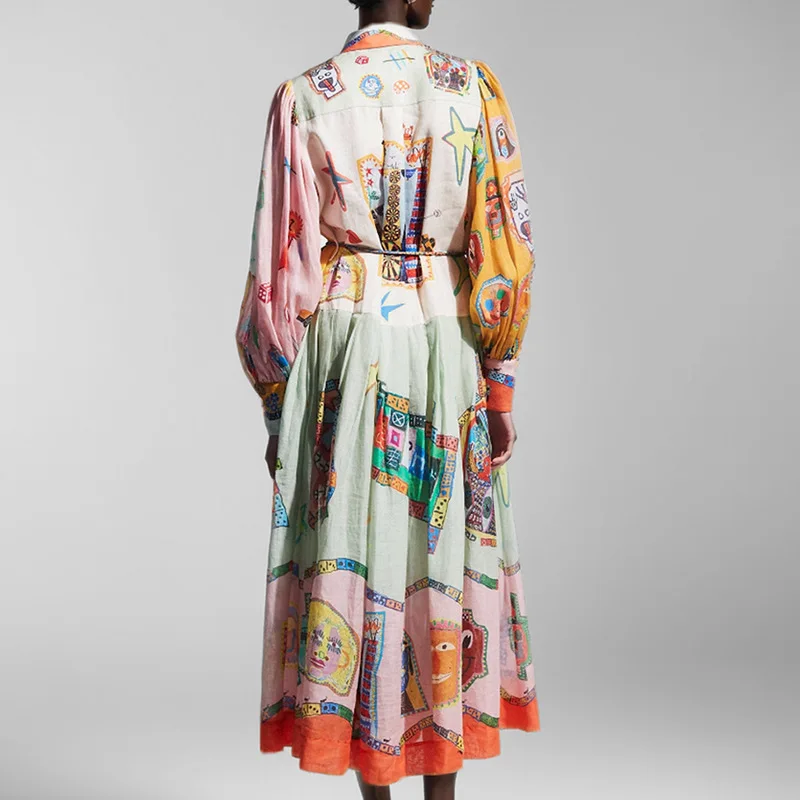 Feminino retro impresso a linha vestido longo elegante lanterna manga lapela camisa plissado vestidos de festa feminino primavera grande bainha vestido 48 S3c2576477e254d7991d4582d8cb54e2cl