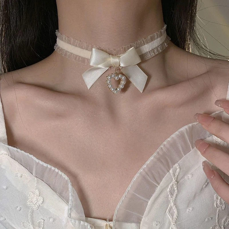 Frauen Lolitas handgemachte Vintage Spitze Herz Halsreif niedlichen Kragen für Frauen Gothic Bogen Knoten Halskette Mädchen Uniform Accessoires – Detail 3