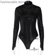  Women Elegant High Collar Long Sleeve Glitter Velvet Bodysuit 