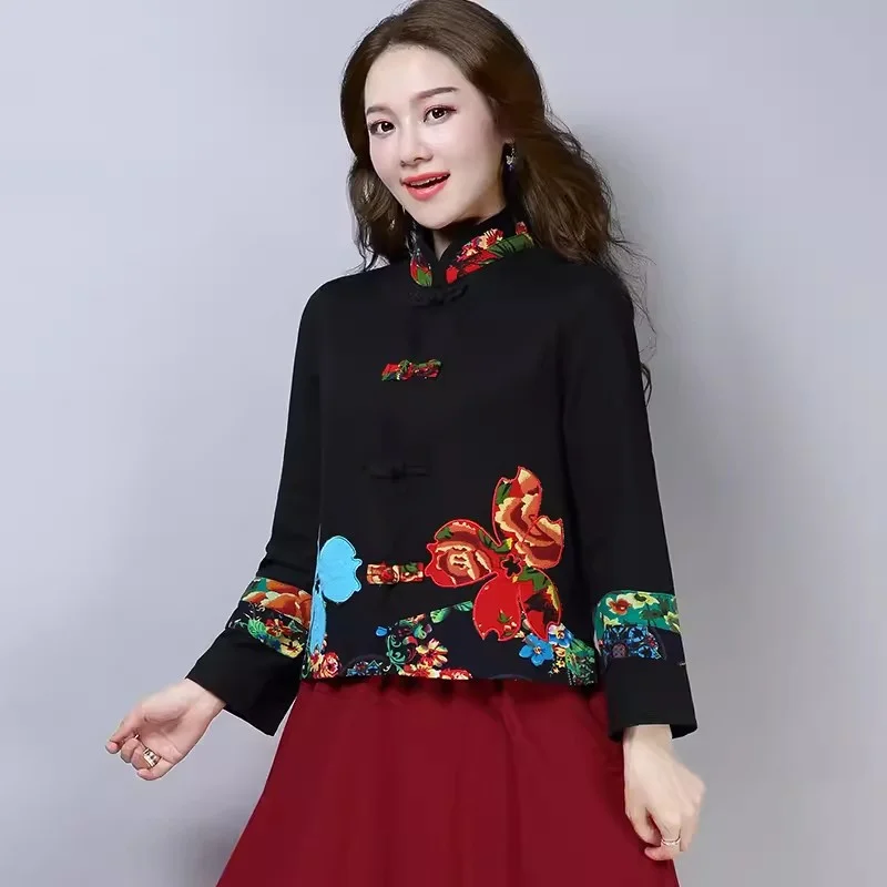 Single/plush Ethnic Style Jacket Women New Retro Long Sleeved Chinese Style Button Up Stand Up Collar Cotton And Linen Cardigan