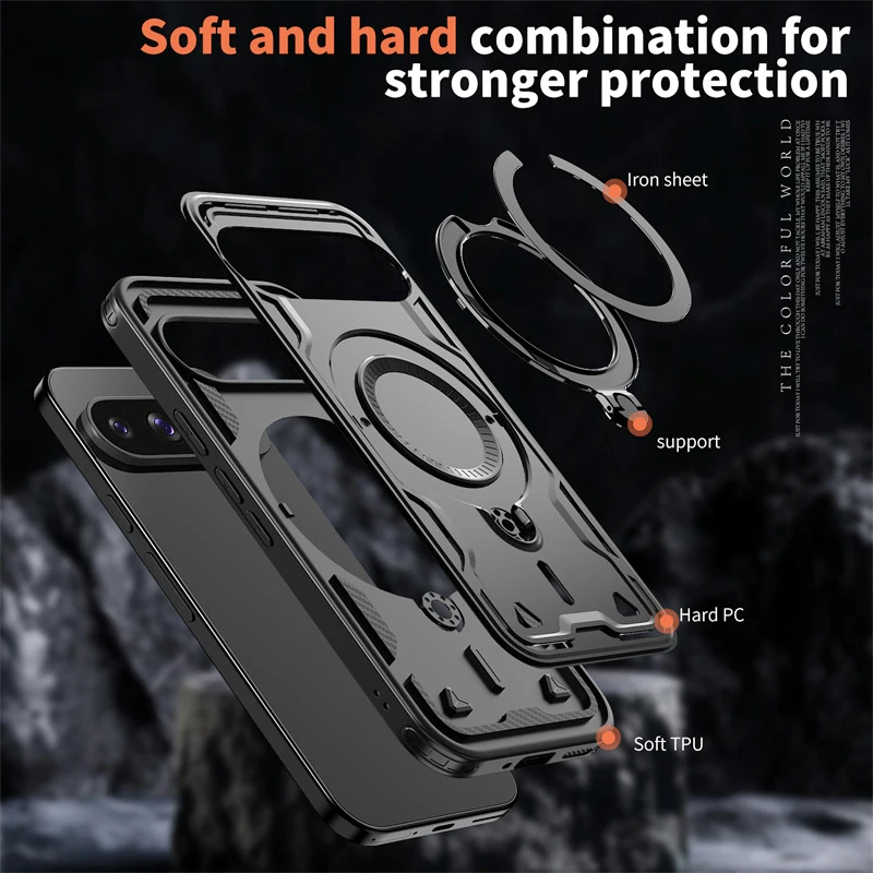 Rugged Military Armor Phone Case with Magnetic Ring and Rotating Bracket Cover