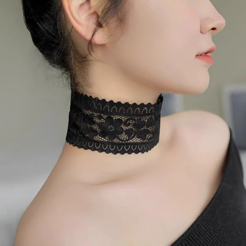 Sexy Hollow Out Floral Lace Fake collar Elastic Lace Wide Scarf Dance Collarbone Chain Bridal Wedding Necklace Decoration – Detail 4