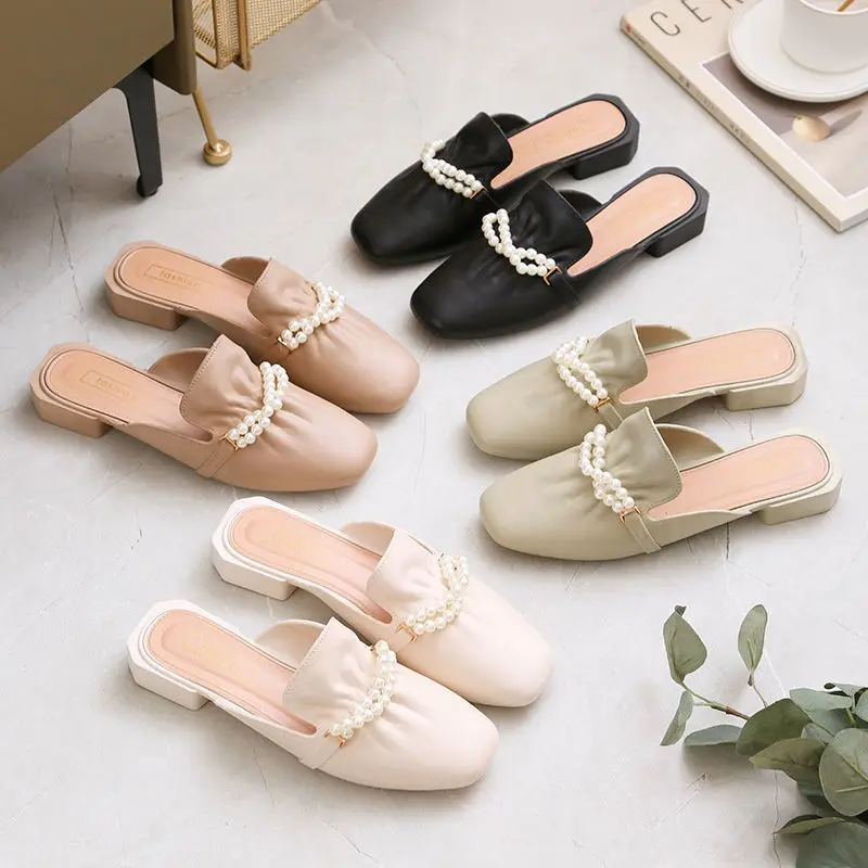 

Sandals Women Fashion Slip on Flat Mules Shoes Korean Cute Outdoor Pearl Half Slippers Baotou Square Toe Sandalias 2023