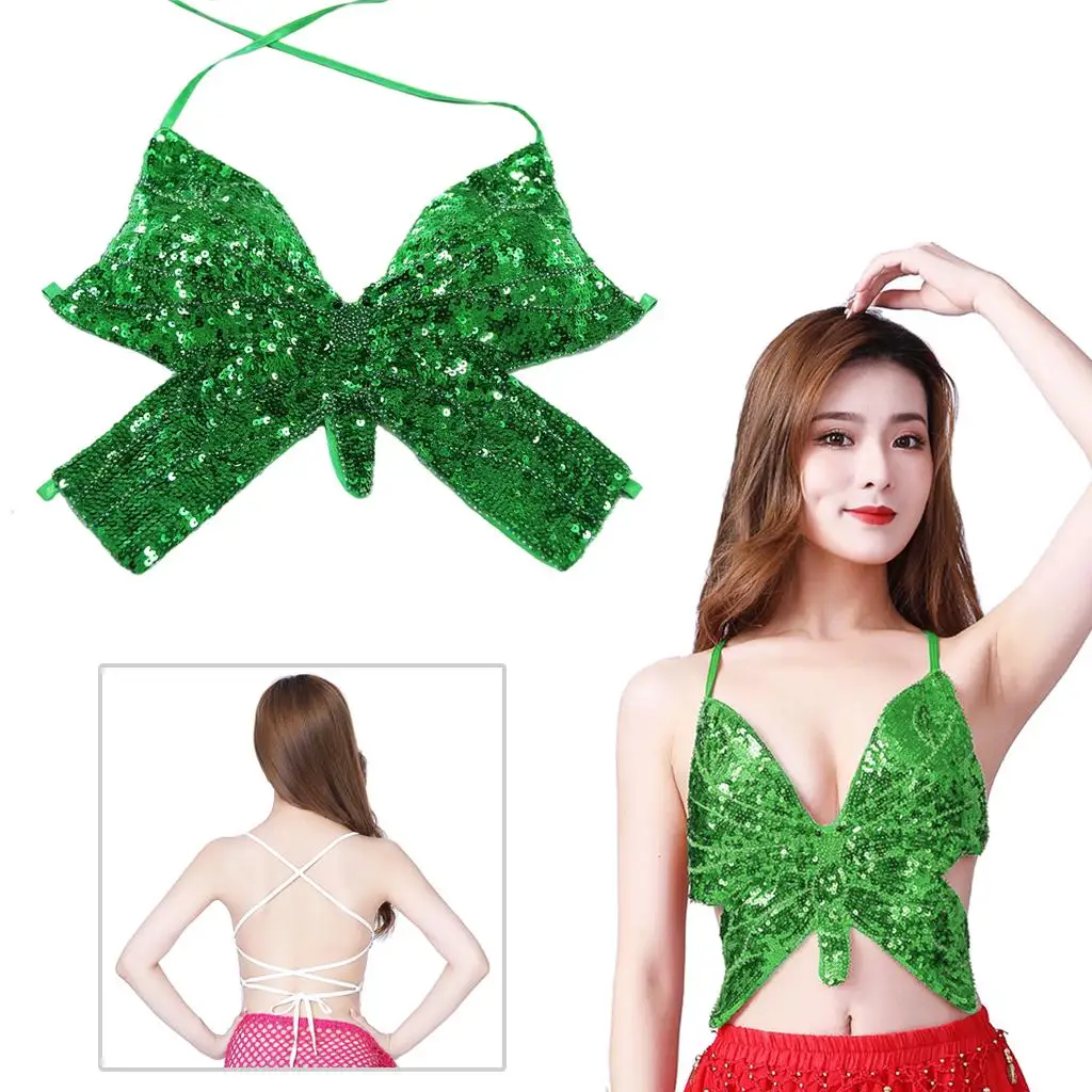 

Tribal Glitter Belly Dance Bra Womens Sequins Butterfly Halter Top Sexy for Party Club