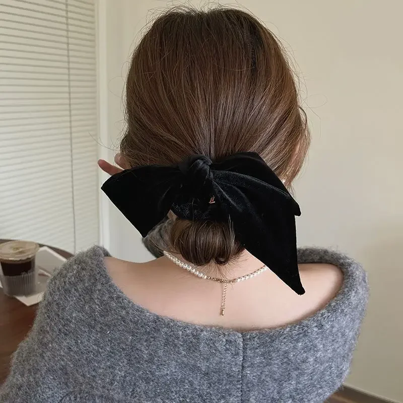 New Vintage Velvet Bow Scrunchie Rabbit Knot Hair Rope Ribbon Elastic Ponytail Holder Hair Tie Solid Accessories Winter