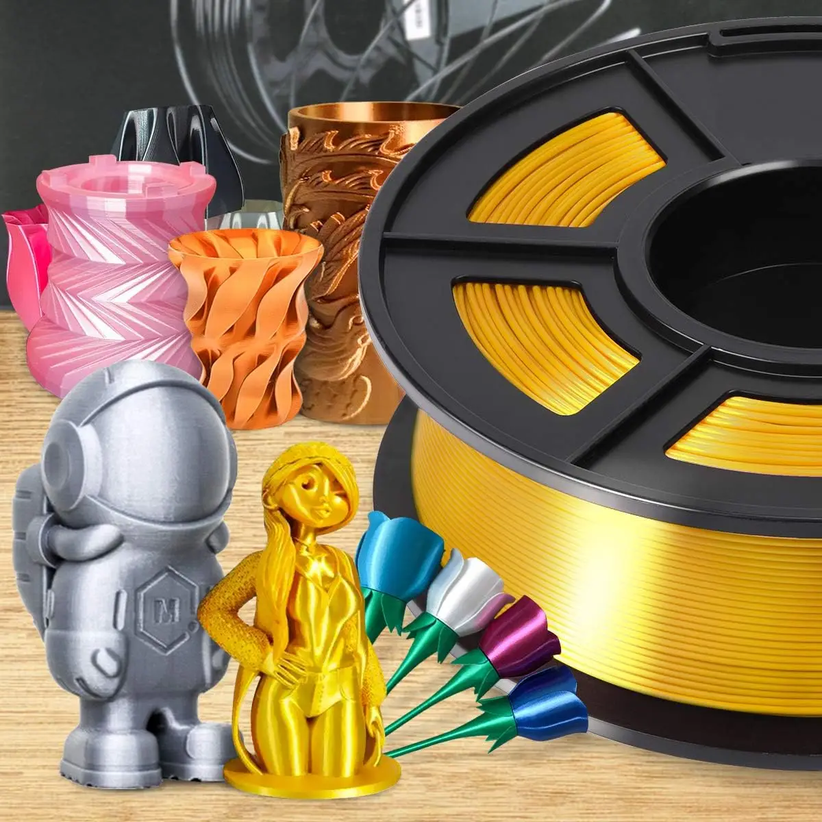 실크 골드, 실버 PLA 필라멘트 1.75mm 3D 프린팅 1kg 스풀 샤이니 메탈릭 3D 프린터 재료 골든 샤인