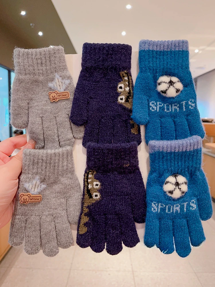 New Children Winter Knitting Football Bear Plush Soft Five Finger Gloves Baby Boys Outdoor Warm Gloves Kids Colors
