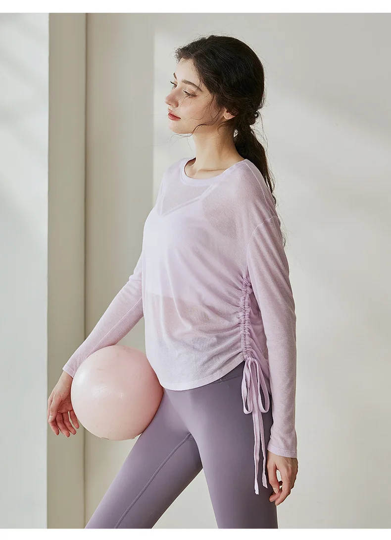 Light Weight Women Long Sleeve Pleated Drawstring Loose Blouse Sports Casual Gym Fitness T-shirts Breathable Comfortable Tops