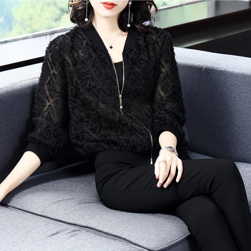 Women's Lace Thin Top Short Jacket Plus Size Korean Fashion Loose Casual Long Sleeve Flocked Baseball Jersey Spring Autumn Grace ftshist sexy flocked long gloves elastic black mesh lace leopard transparent zebra pattern thin gloves prom costume accessories