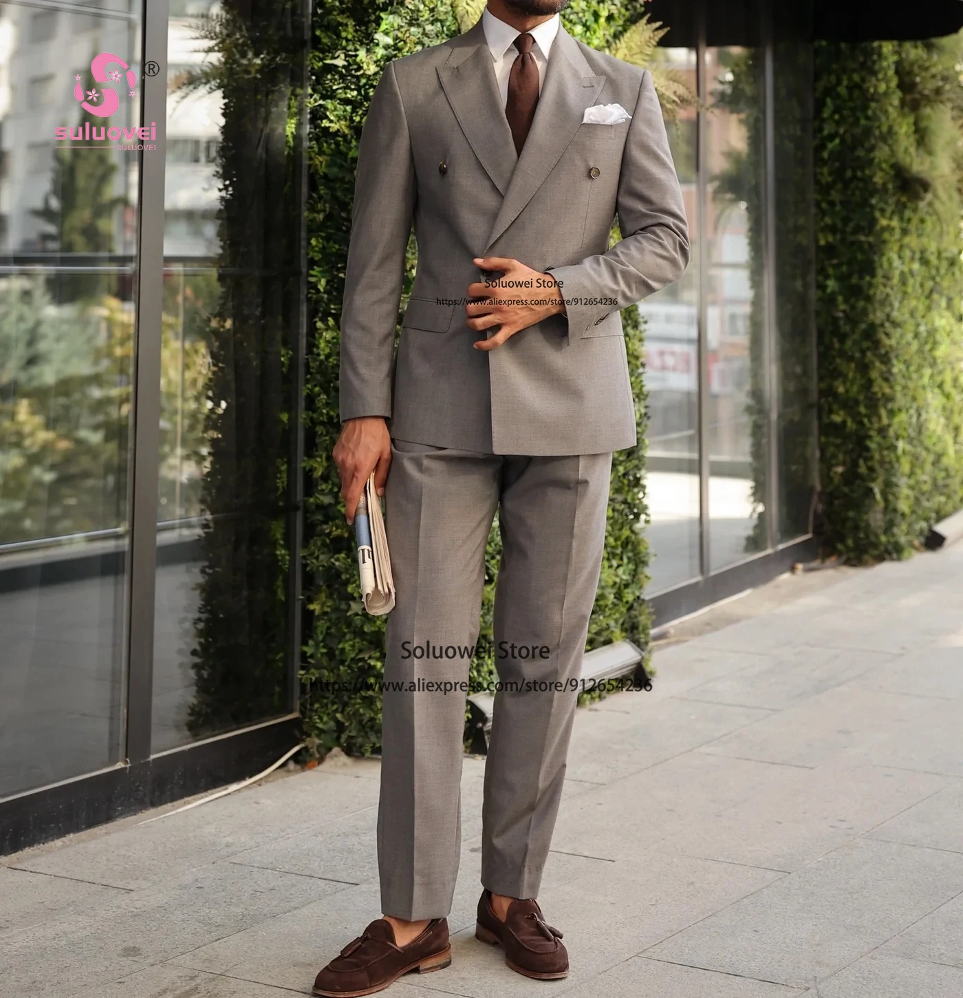 Fashion Grey Double Breasted Tuxedo Suit For Men Slim Fit 2 Piece Pants Set Groom Wedding Prom Blazer Costume Homme Pour Mariage