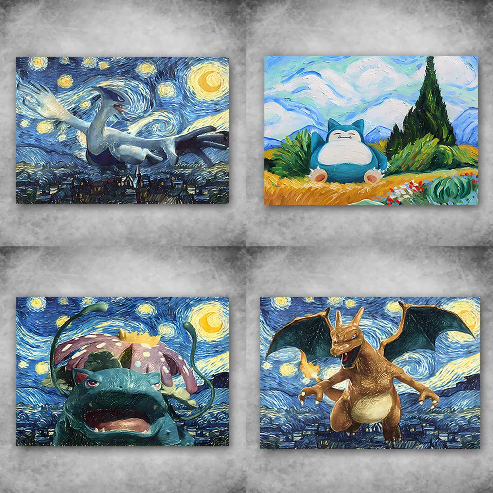 

Peripheral Anime Pokémon Van Gogh The Starry Night Poster Canvas Painting Art Charizard Blastoise Picture Wall Decor Kids Gifts