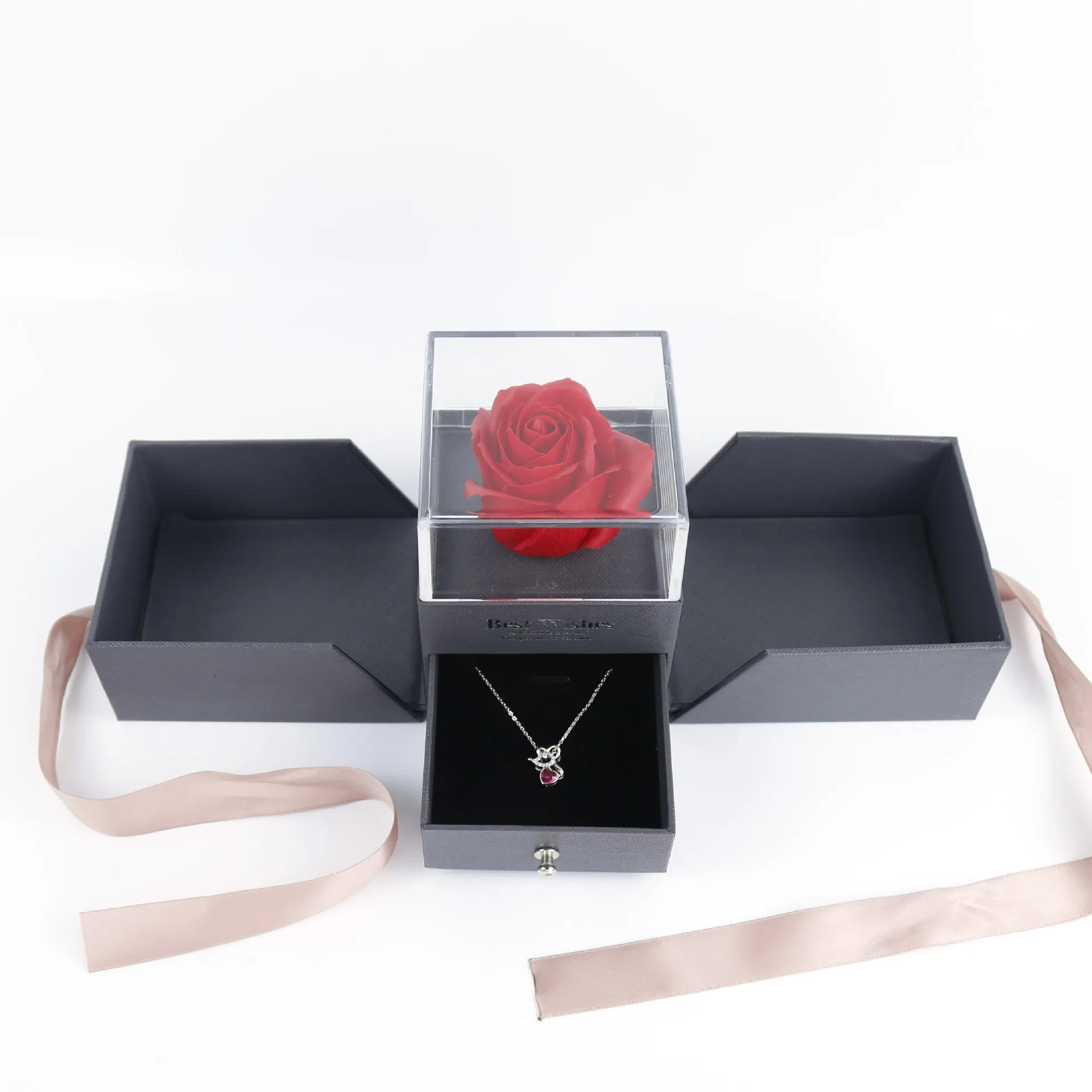 

Wedding Decor Eternal Rose Ring Box Holder Necklace Jewelry Display Storage Case Natural Dried Flower Birthday Mother Day Gift