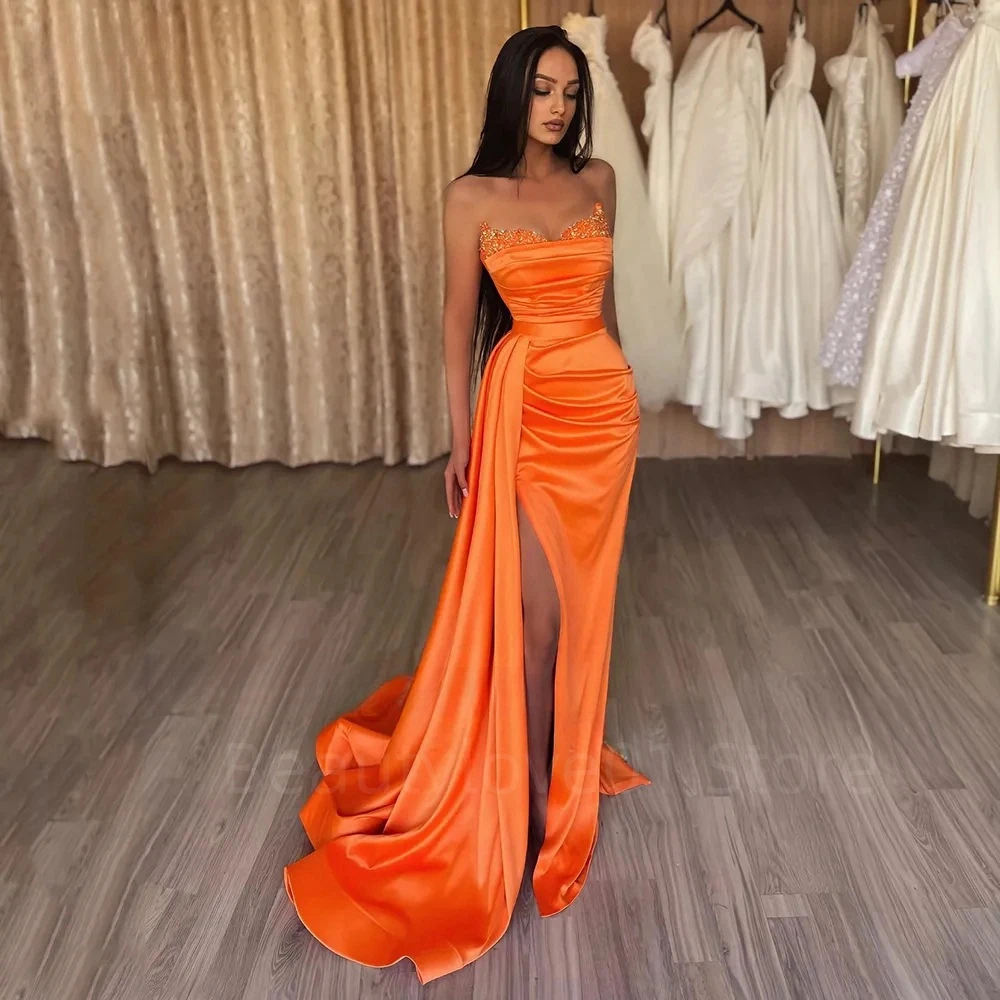 

Orange Ruched Beadings High Quality Exquisite Mermaid Off Shoulder Pleated Side Slit Formal Evening Dresses De Soriee 2023