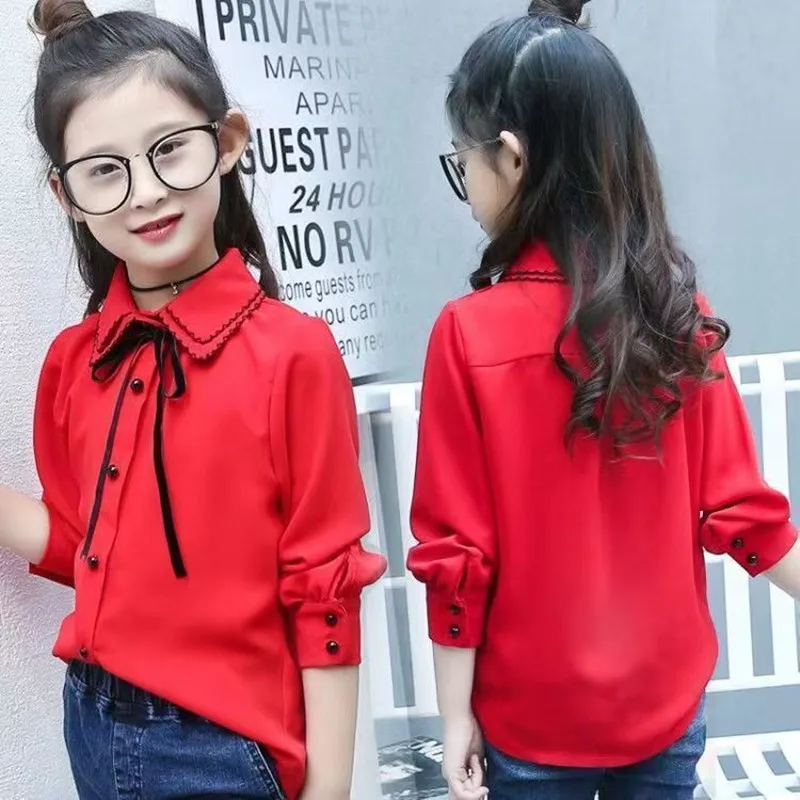 Children Blouses For Girls Chiffon Shirts Baby Tops Teenage Girls Long Sleeve School Uniform Shirts 9 12 14 Years Kids Blouses