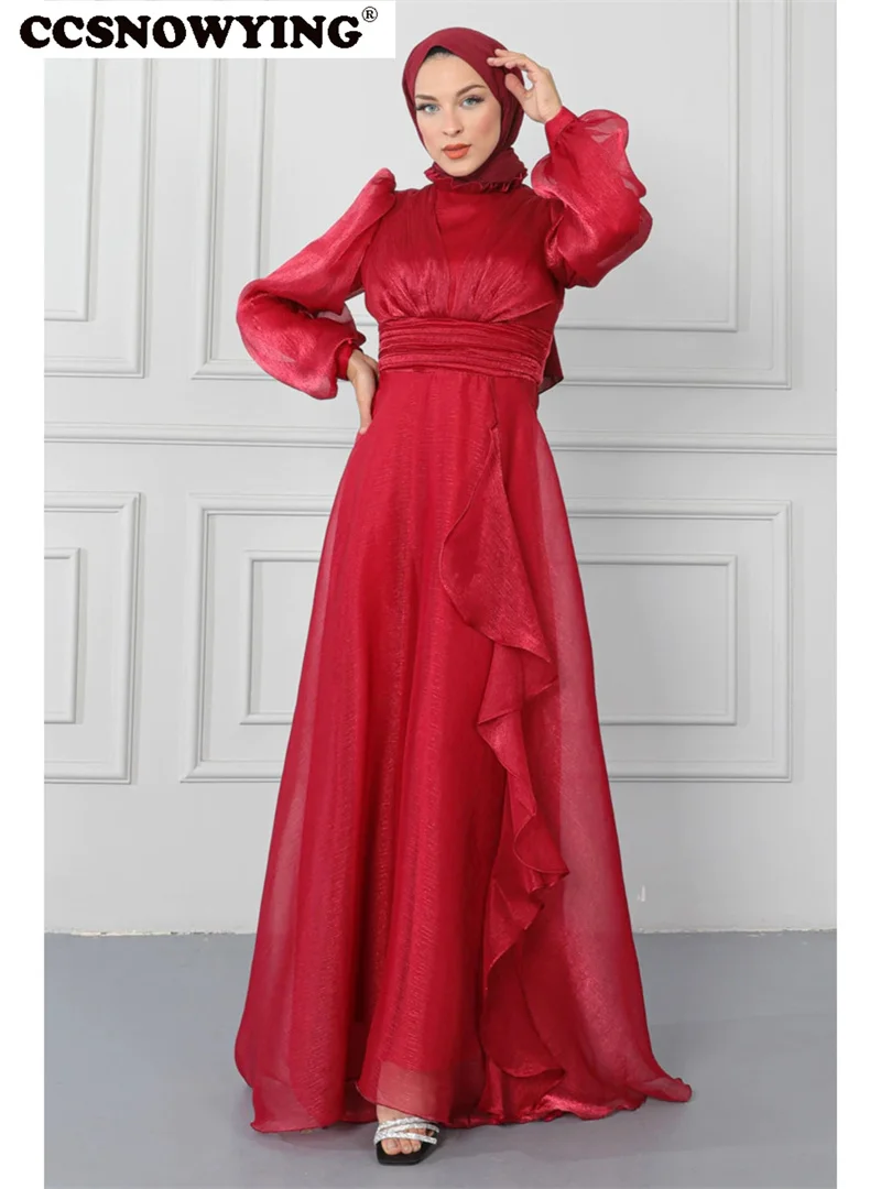 

Simple Organza Muslim Evening Dresses Arabic Dubai Long Sleeve High Neck Hijab Islamic Prom Formal Party Gown Robes De Soirée