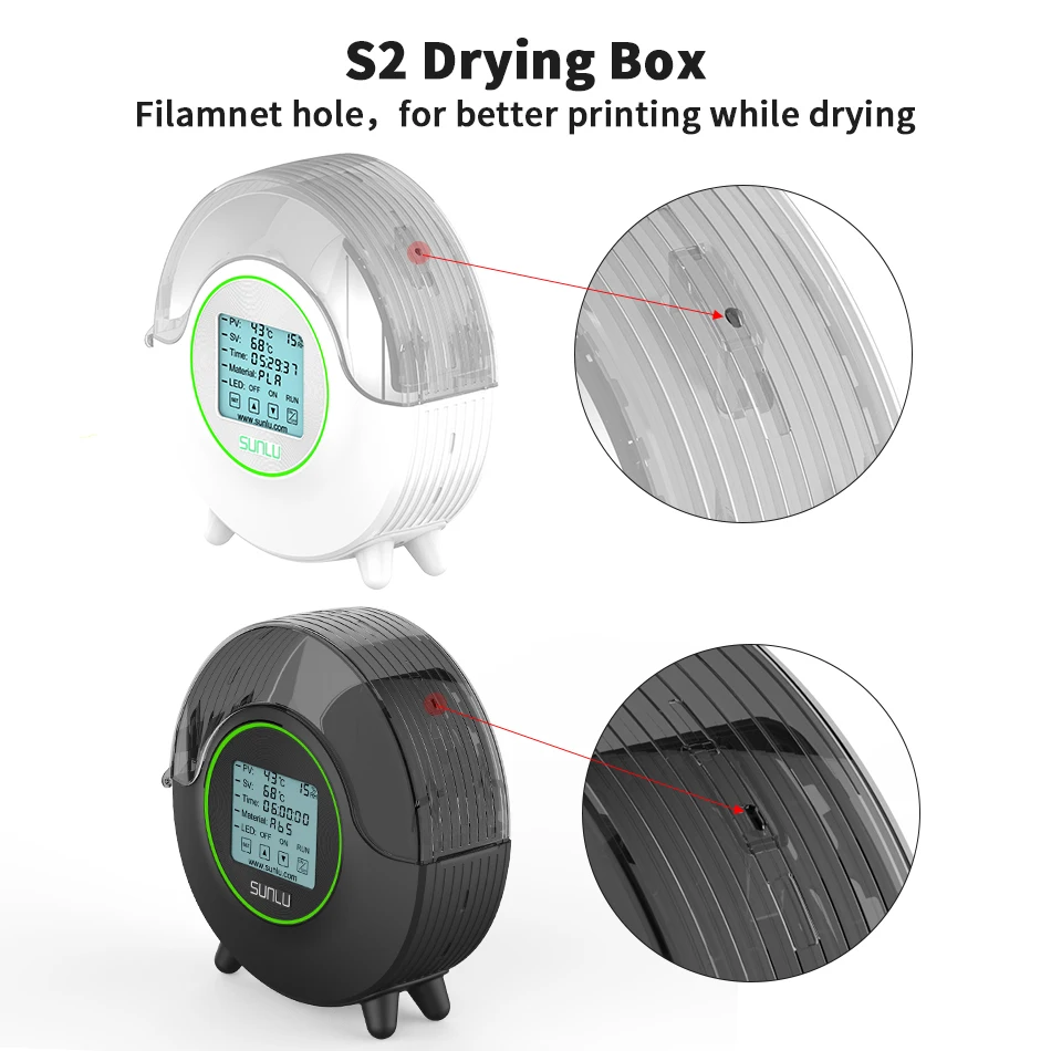 SUNLU S2 3D Filament Dryer Box Up To 70℃ Heating 360° Surround Drying Evenly LED Touch Screen Display Humidity Printer Mate