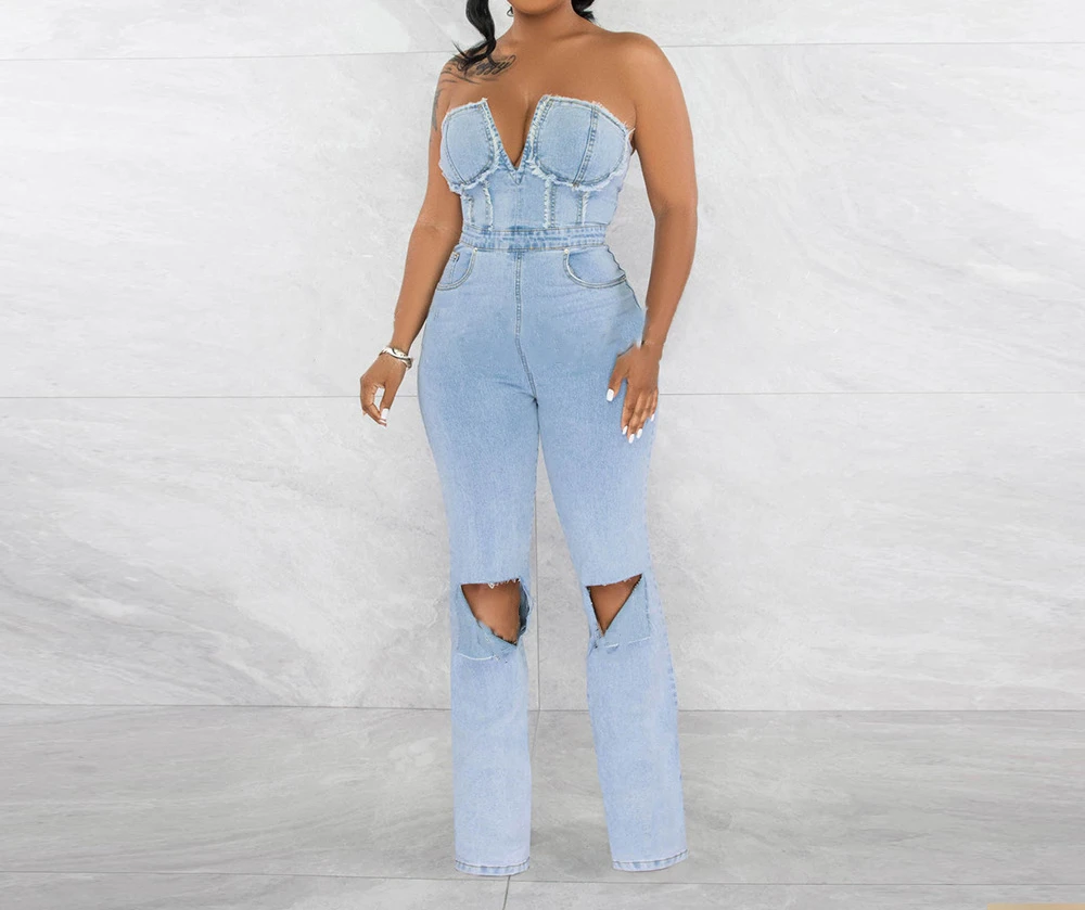 Denim Women Jumpsuit Sexy Hollow Hole Zipper Long Chest Wrapped Y2k Sleeveless Jump Suit for Female Streetwear Summer 2024 New