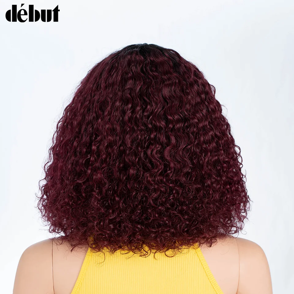 99J 제리 컬리 숏 밥 인모 가발 (앞머리 포함) 여성용 업그레이드 250% 밀도 하이라이트 허니 웨이브 킹키 컬리 글루리스