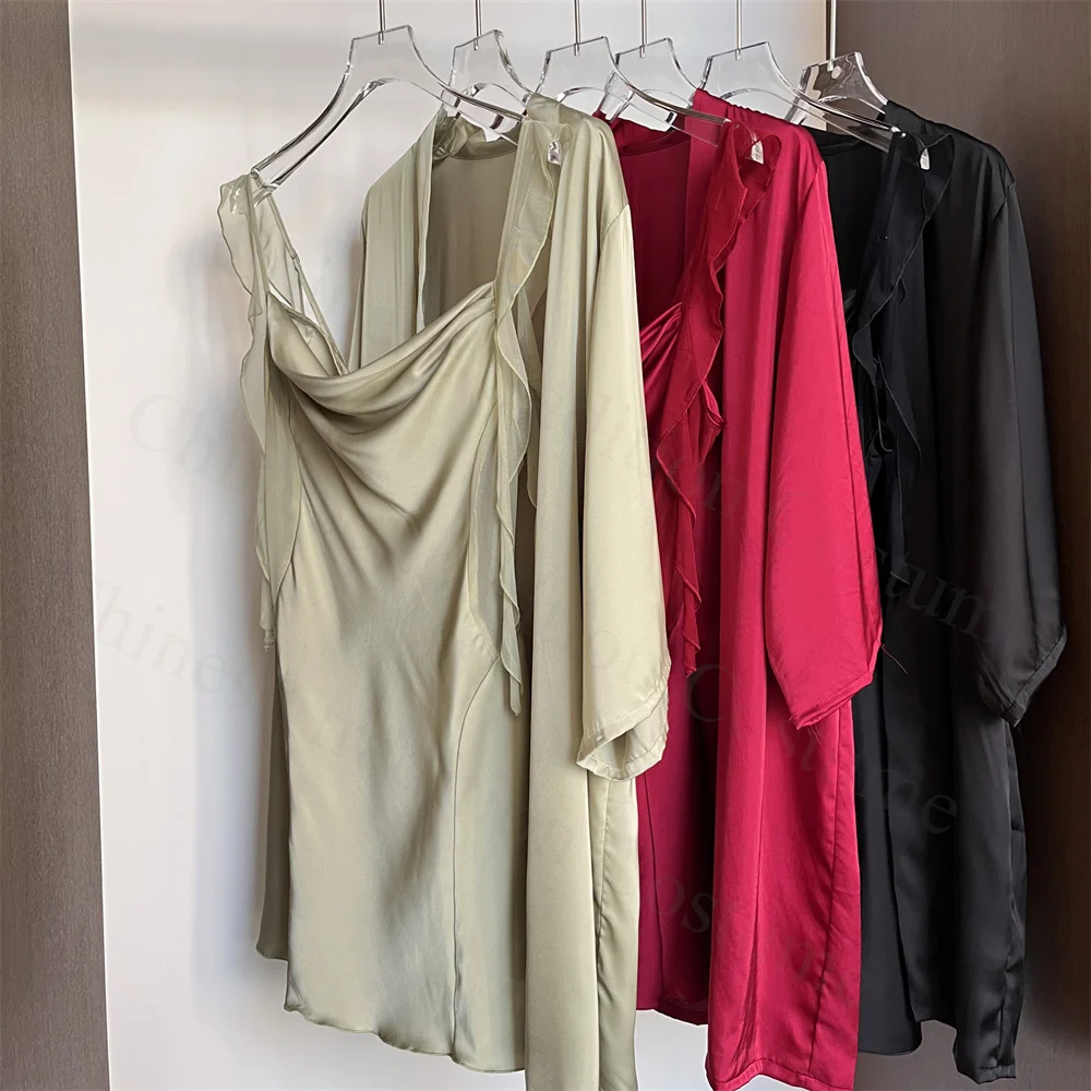 Fairy Tassels Sling Nightgown Women Elegant Homedress 2Pcs Nighty&robe Suit Soft Ice Silk Sleepwear Solid Color Bathrobe Suit